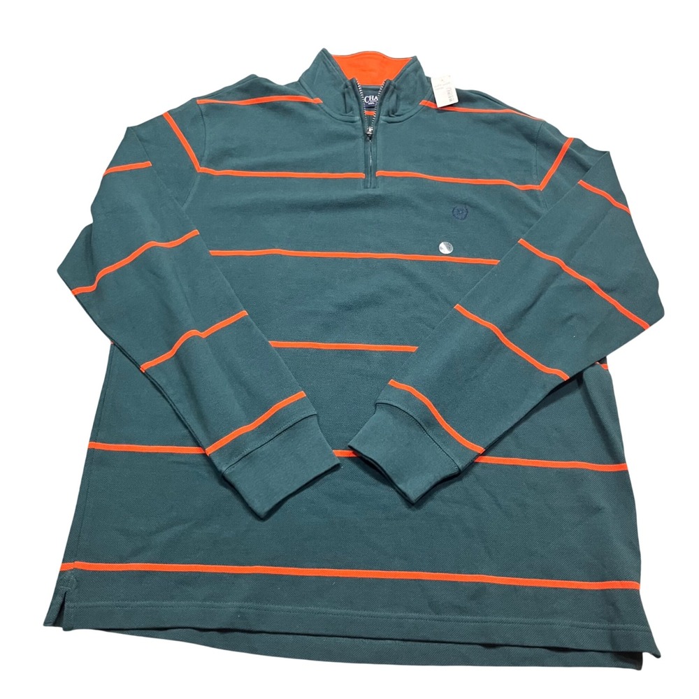 NEW Chaps Mens XXL Quarter Zip Pullover Shirt Green Orange Striped Long Sleeve